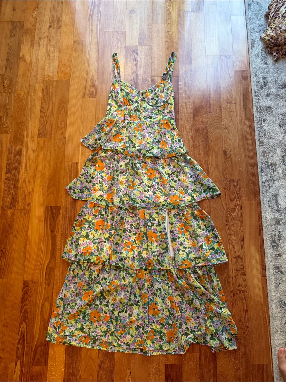 Astr Floral Tiered Maxi Dress in Orange, Green & Purple